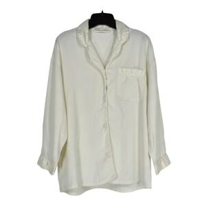 VTG VICTORIA'S SECRET Ivory SATIN TRIM Button-Up LOGO POCKET Lounge PAJAMA TOP S